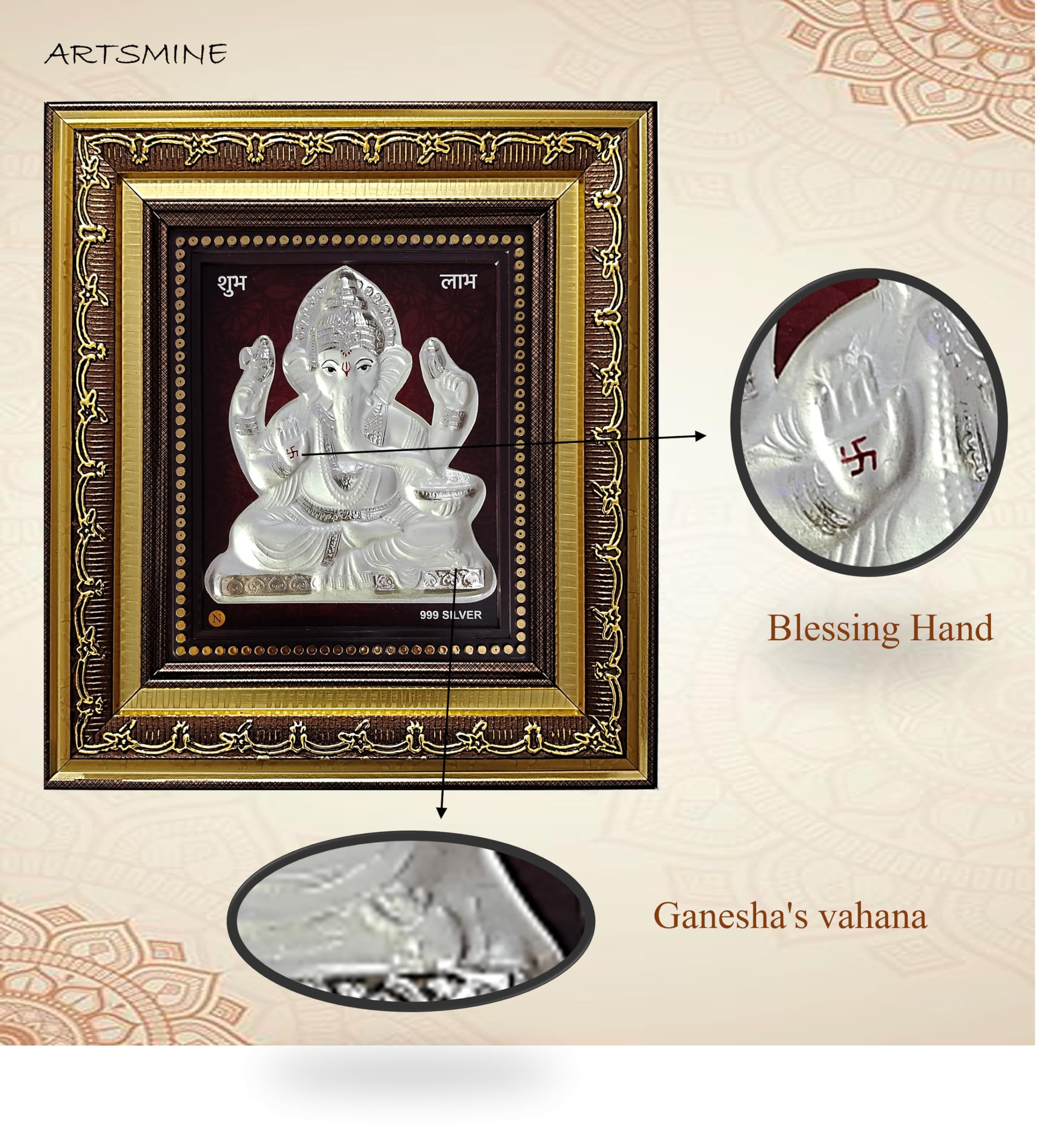 Artsmine 999 Silver Ganesh Rectangular Frame | Pooja Room Diwali Corporate Gift | Size H*L - 22 * 20 Cm | Wall Mount Ganesh Phot
